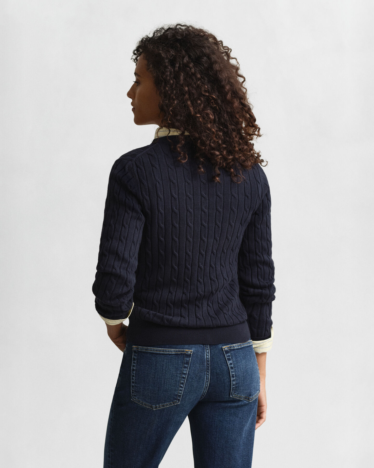 Stretch Cotton Cable Knit Crew Neck Sweater
