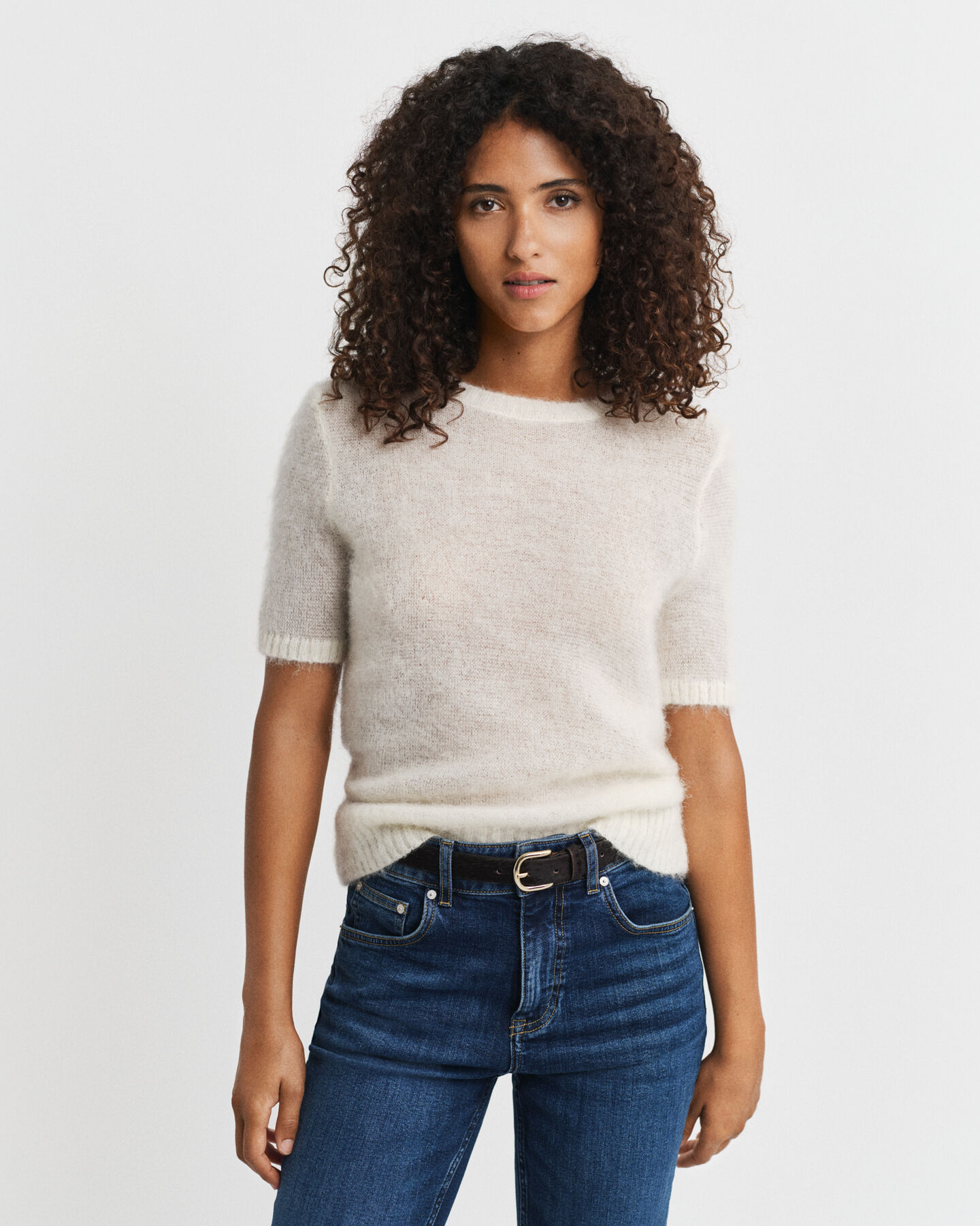Mohair Blend Short Sleeve Crew Neck Sweater