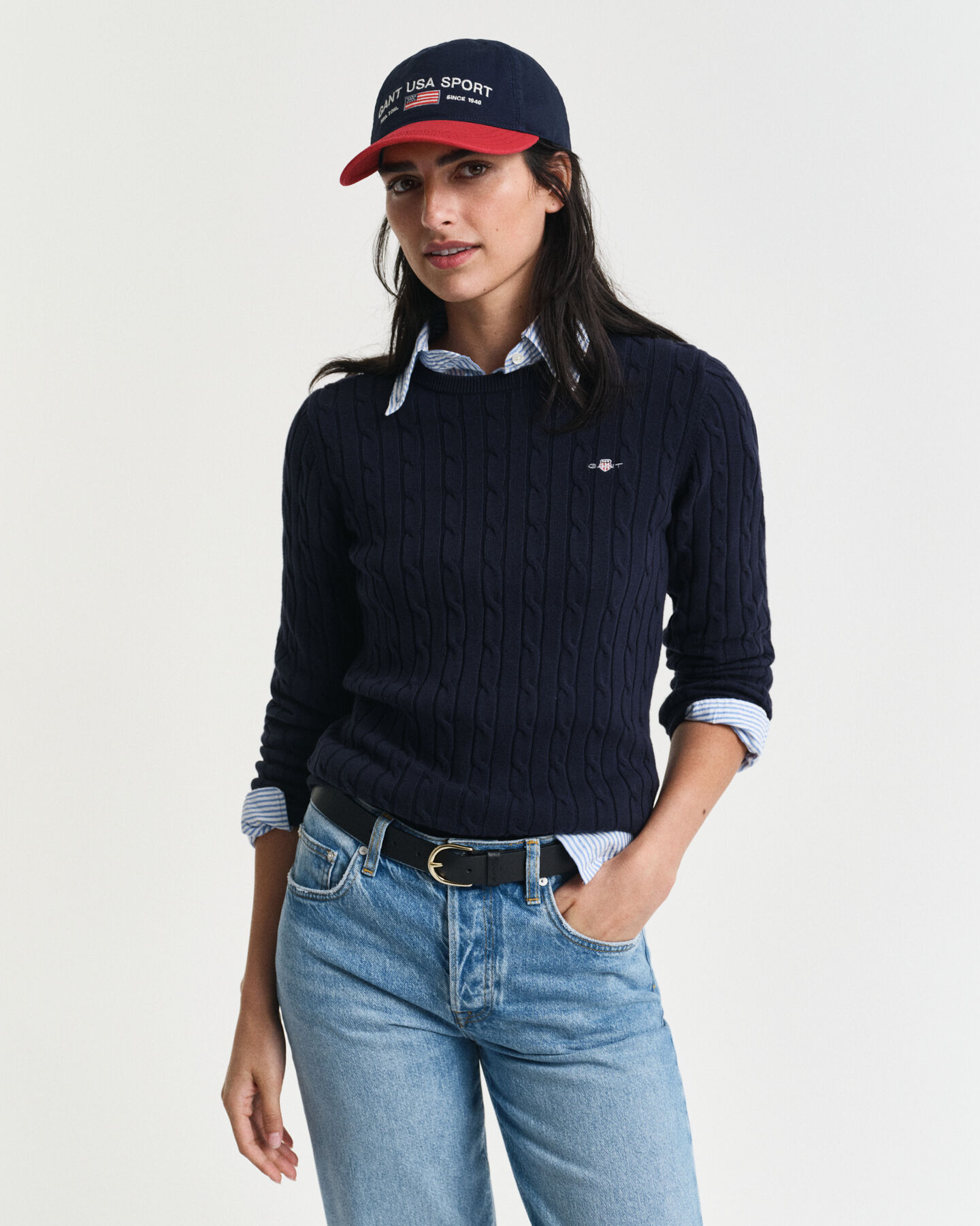 Stretch Cotton Cable Knit Crew Neck Sweater