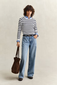 Striped Cable Knit Crew Neck Sweater