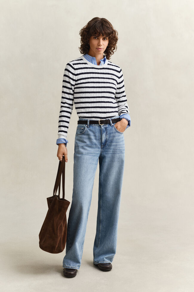 Striped Cable Knit Crew Neck Sweater