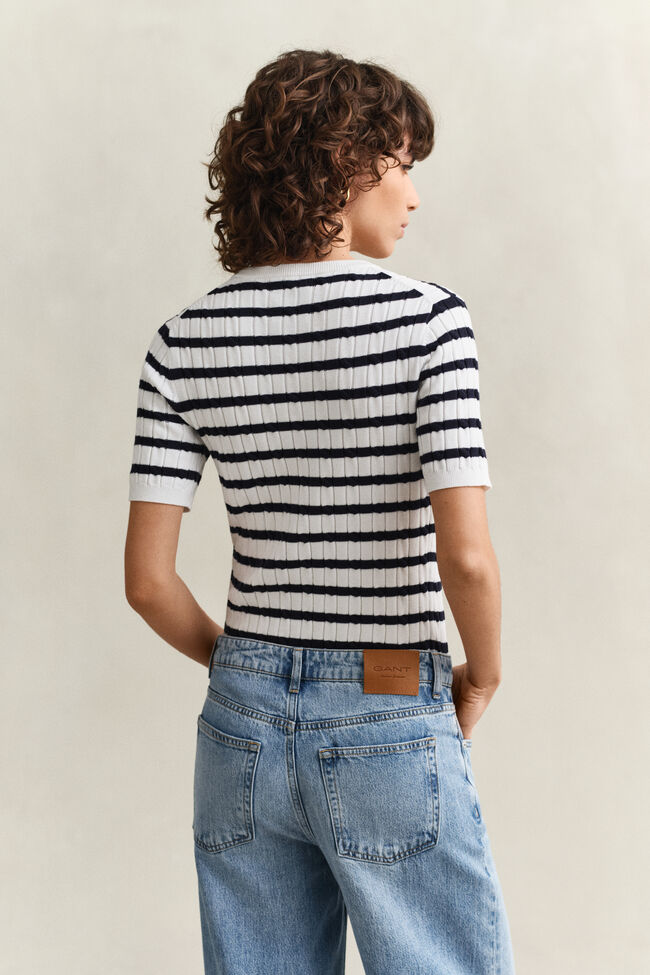 Striped Cable Knit Short Sleeve Sweater