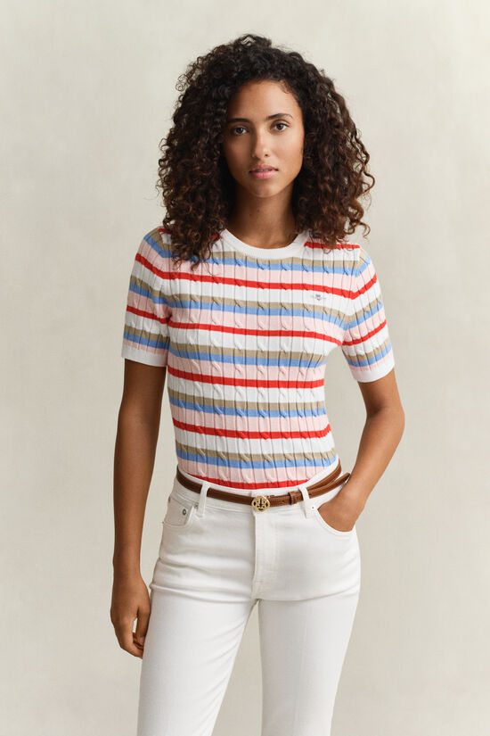 Striped Cable Knit Short Sleeve Sweater