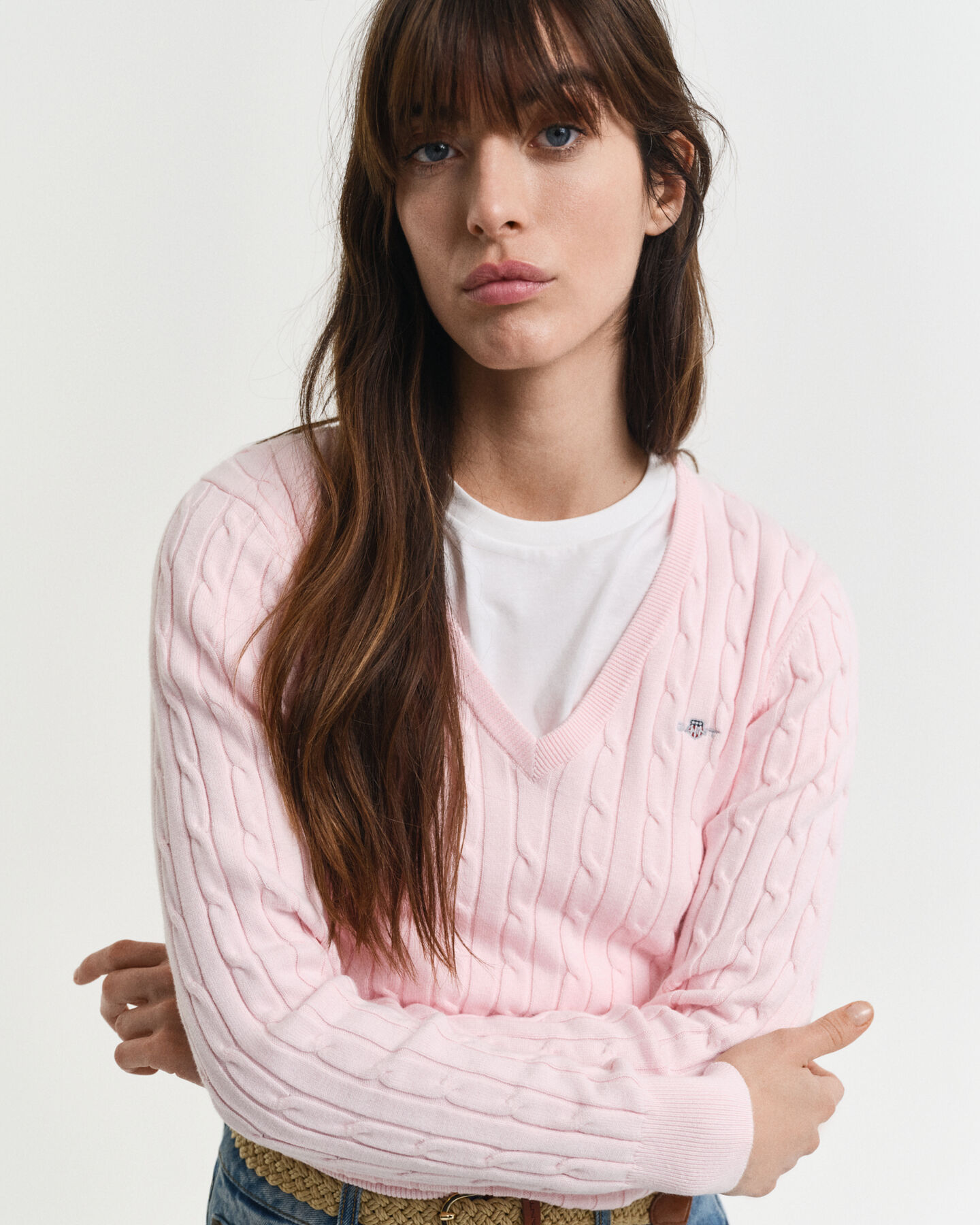 Stretch Cotton Cable Knit V-Neck Sweater