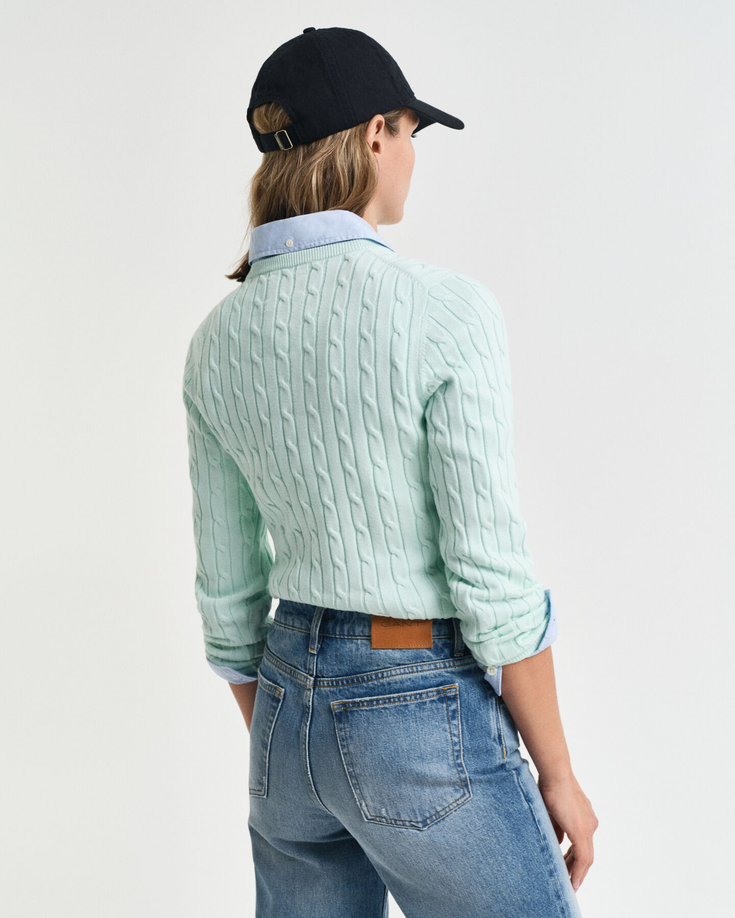 Stretch Cotton Cable Knit Crew Neck Sweater