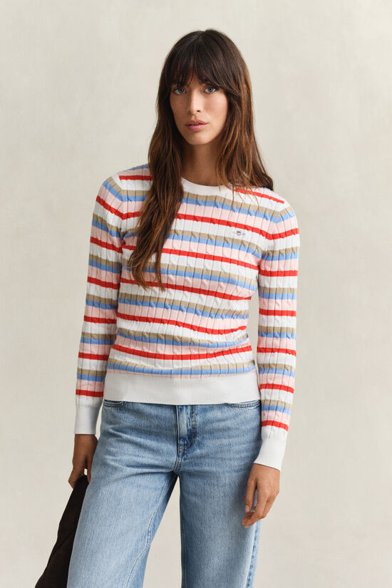 Striped Cable Knit Crew Neck Sweater