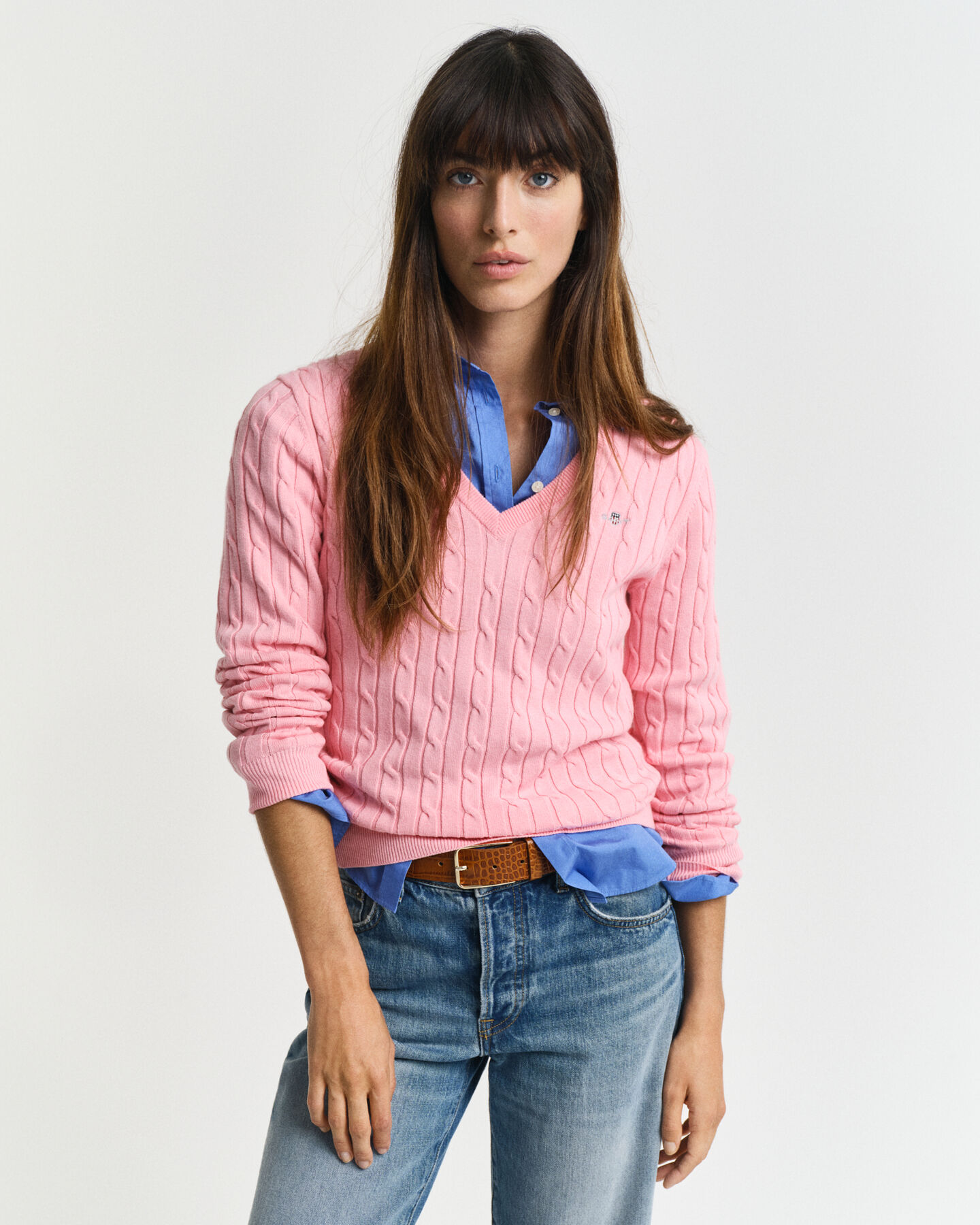 Stretch Cotton Cable Knit V-Neck Sweater