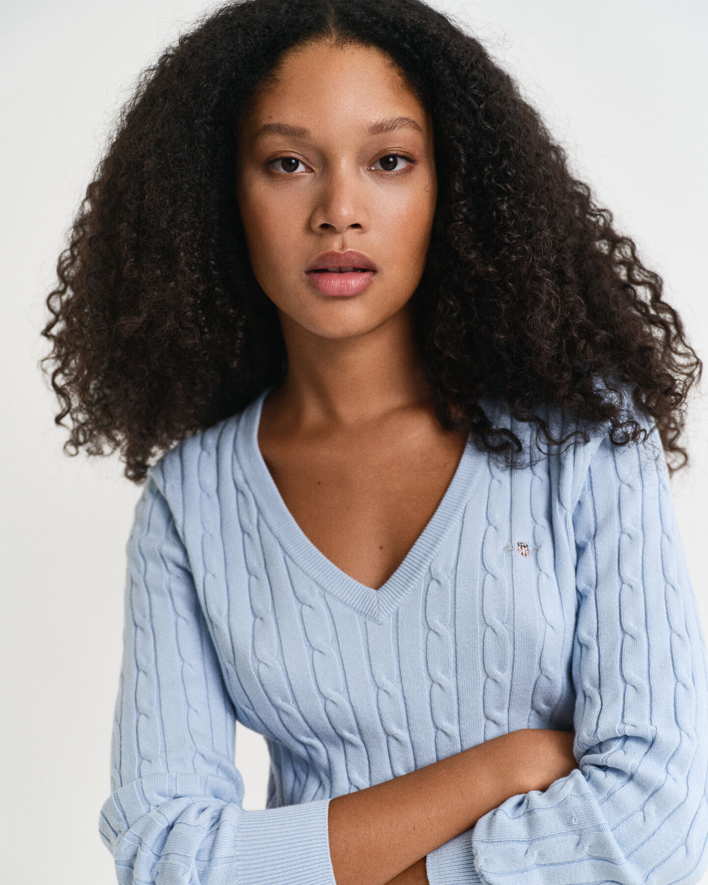 Stretch Cotton Cable Knit V-Neck Sweater