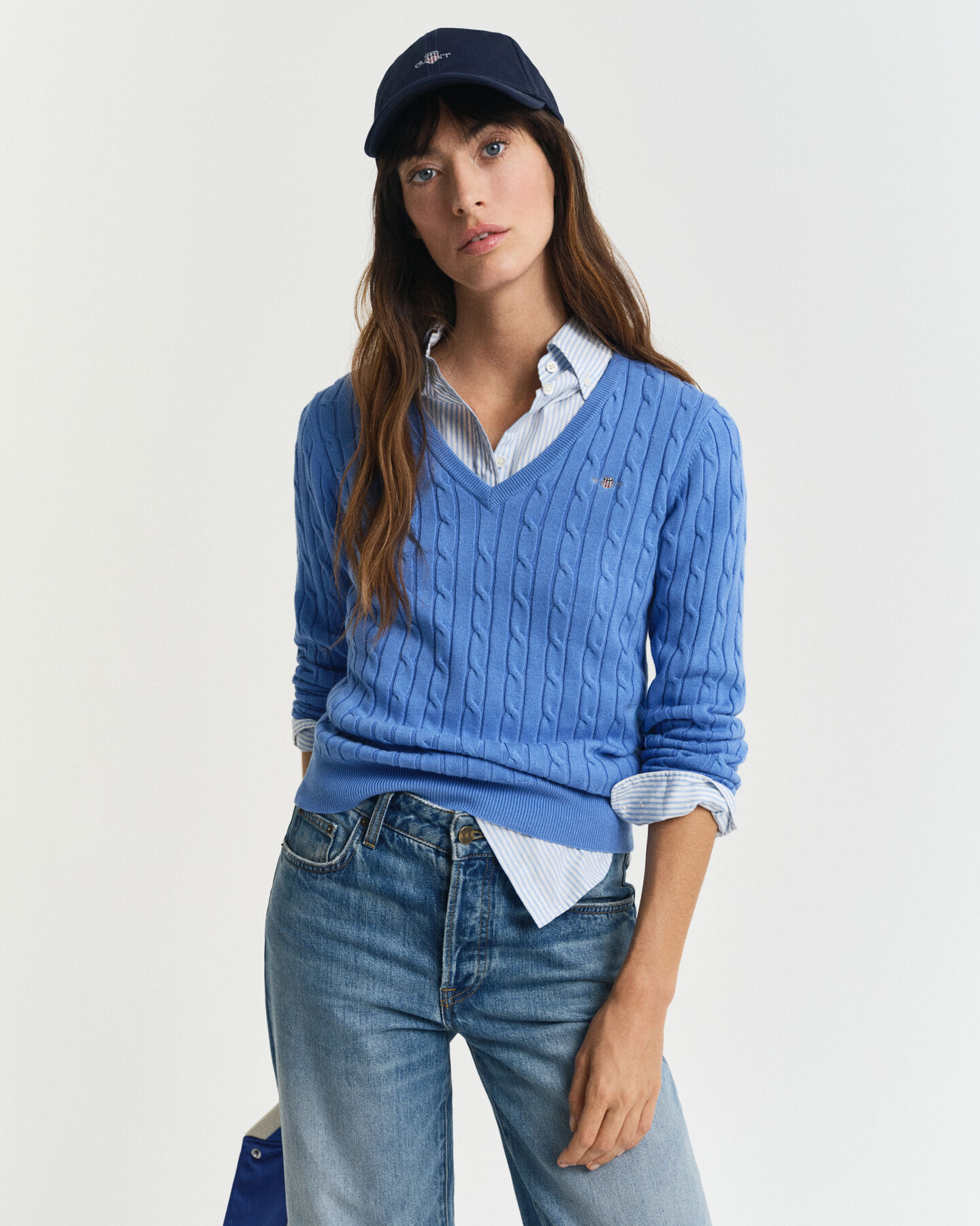 Stretch Cotton Cable Knit V-Neck Sweater