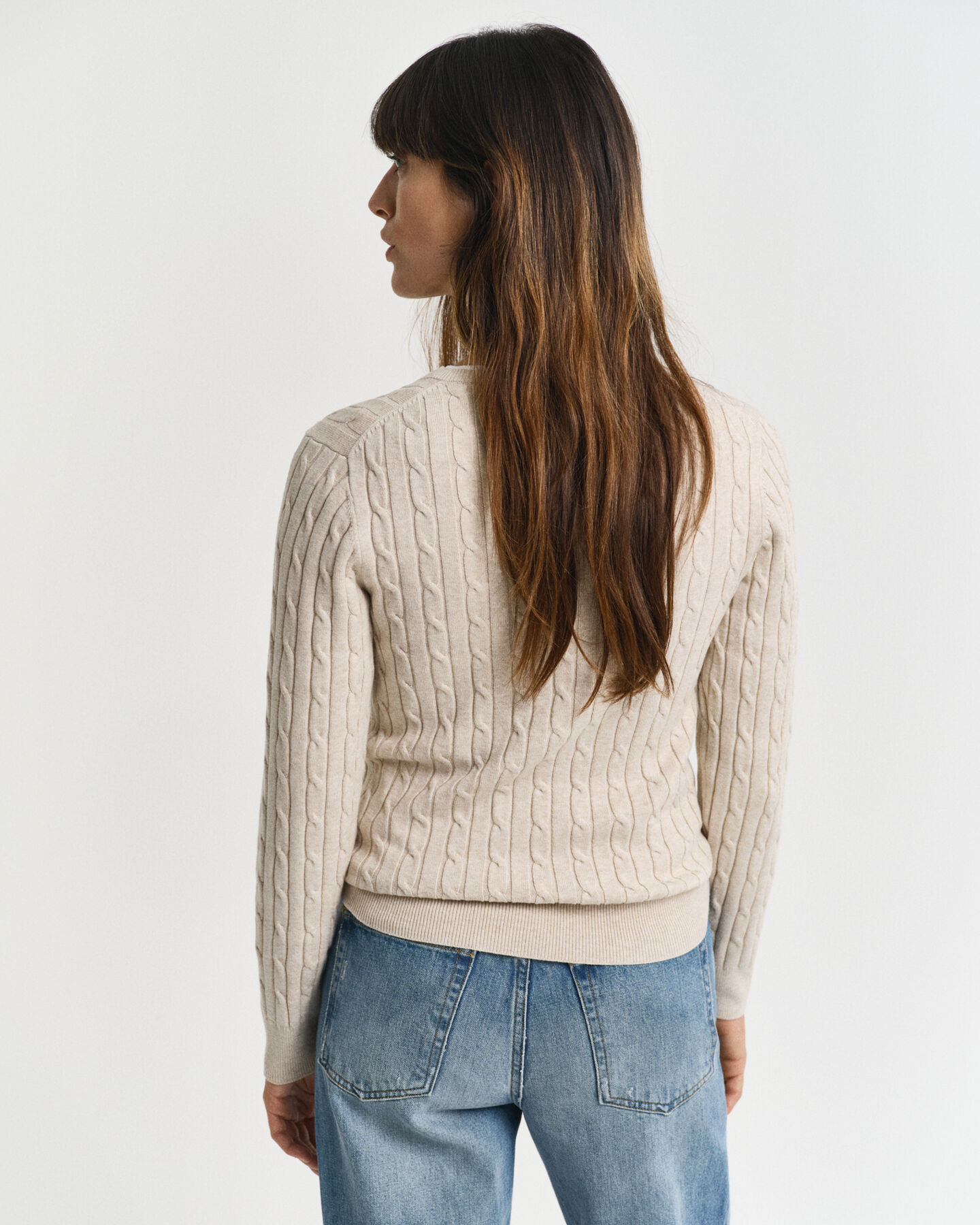 Stretch Cotton Cable Knit V-Neck Sweater