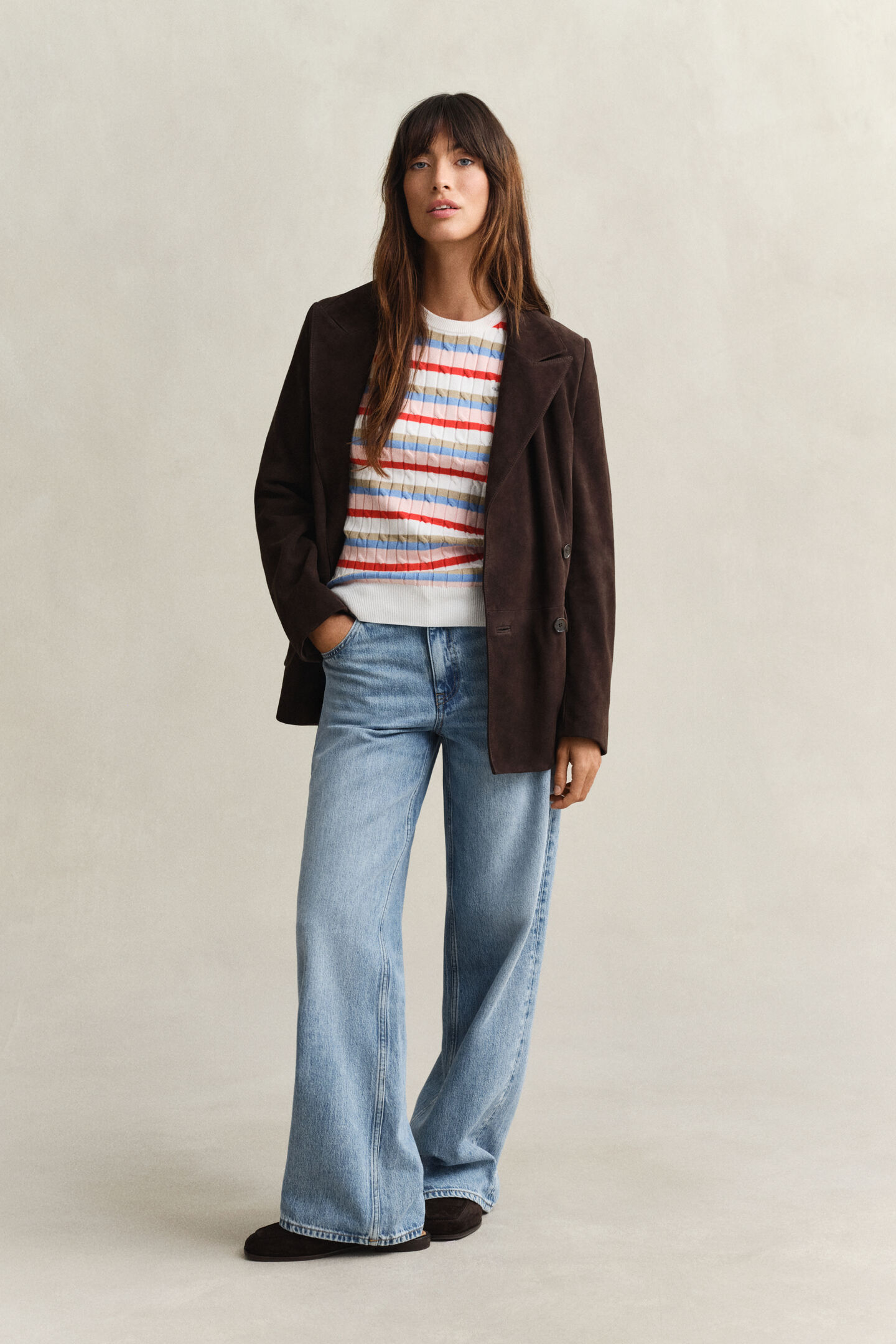 Striped Cable Knit Crew Neck Sweater