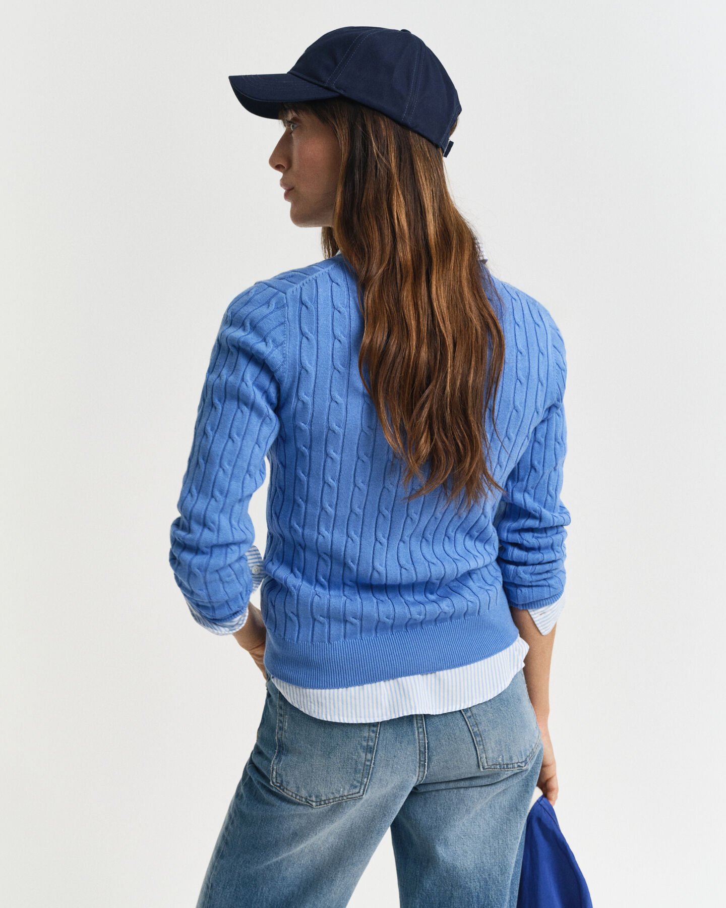 Stretch Cotton Cable Knit V-Neck Sweater