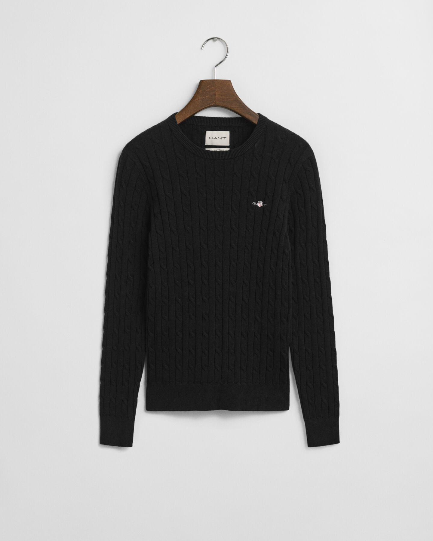 Stretch Cotton Cable Knit Crew Neck Sweater