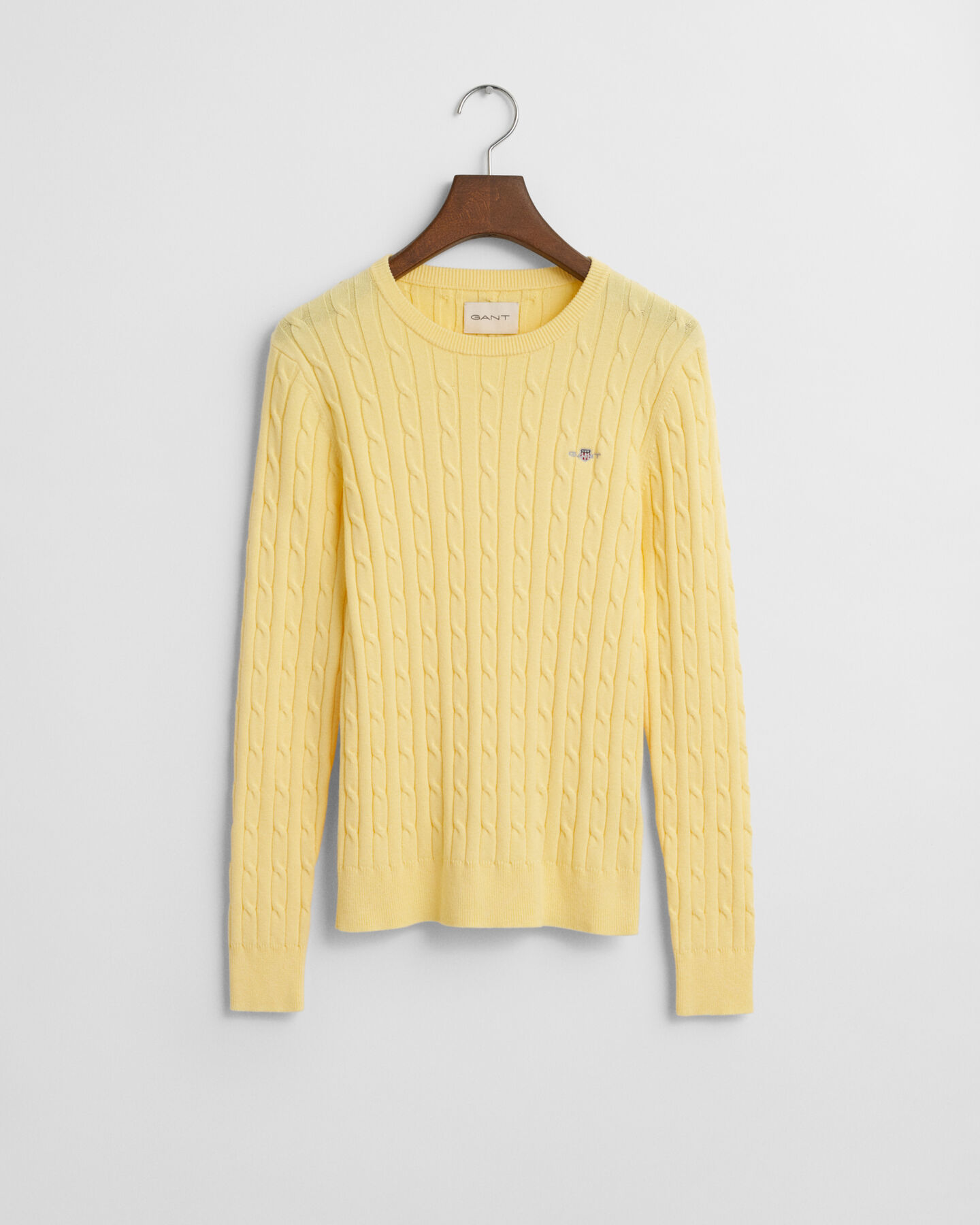Stretch Cotton Cable Knit Crew Neck Sweater