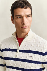 Striped Cotton Cable Knit Half-Zip Sweater
