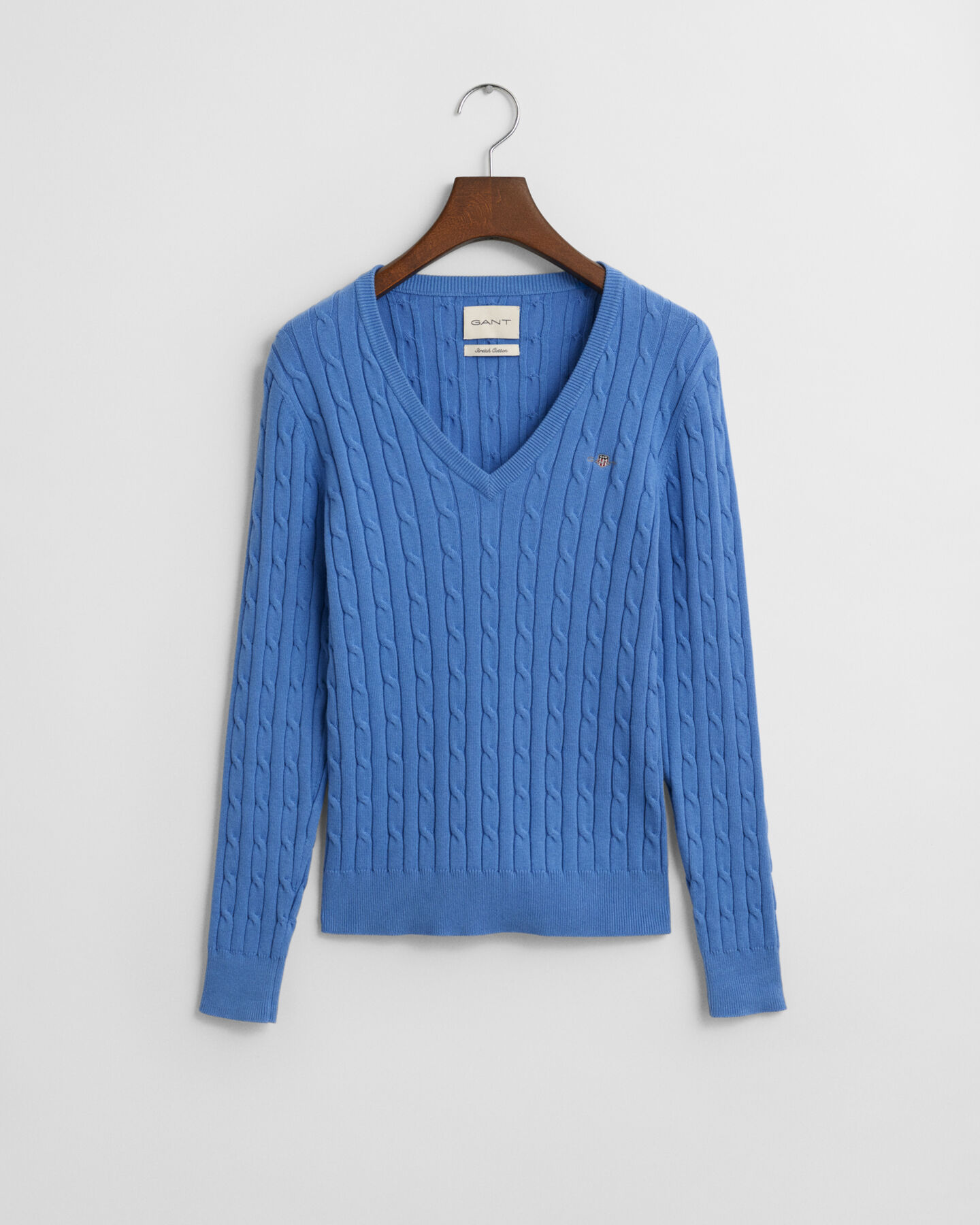 Stretch Cotton Cable Knit V-Neck Sweater
