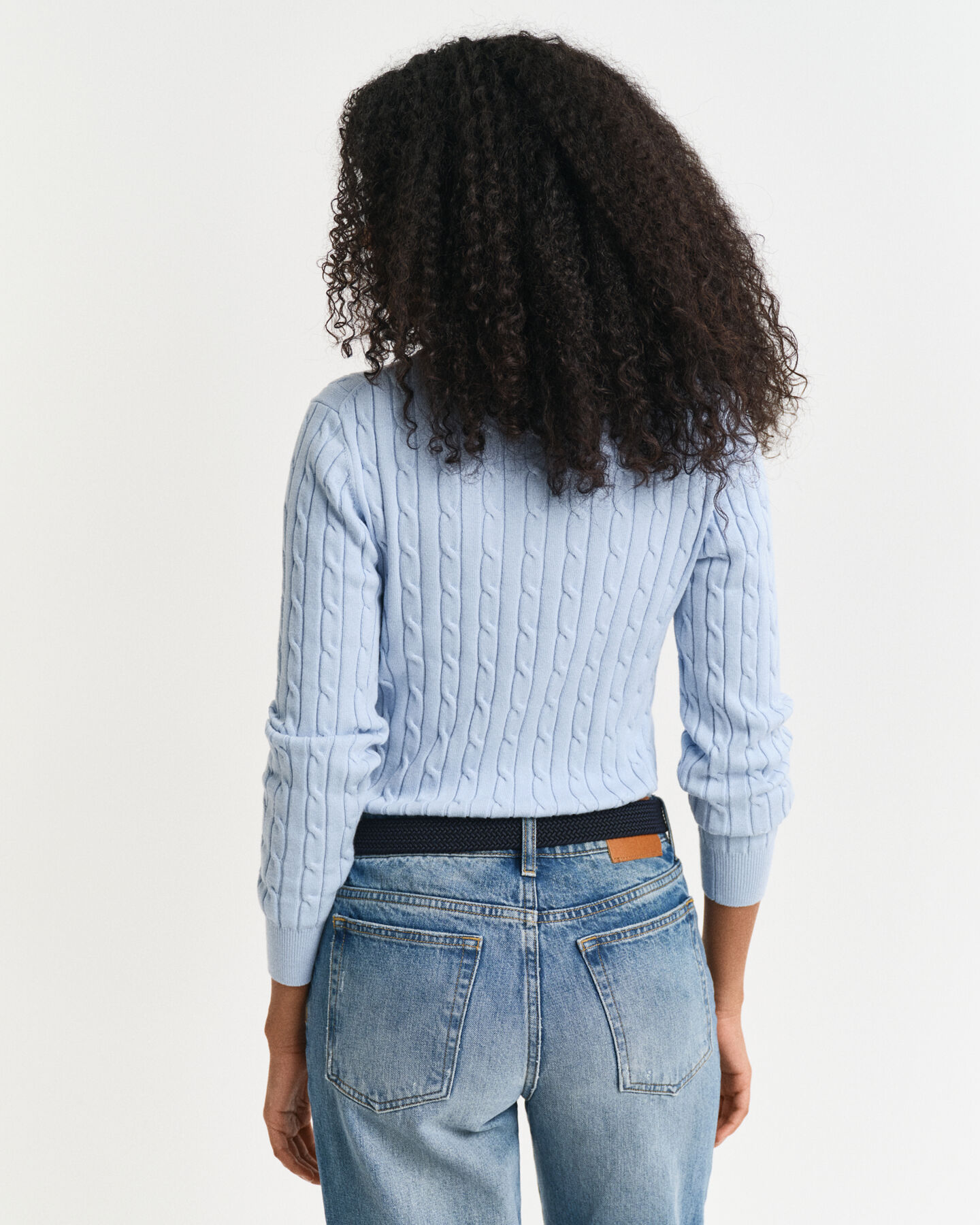 Stretch Cotton Cable Knit V-Neck Sweater