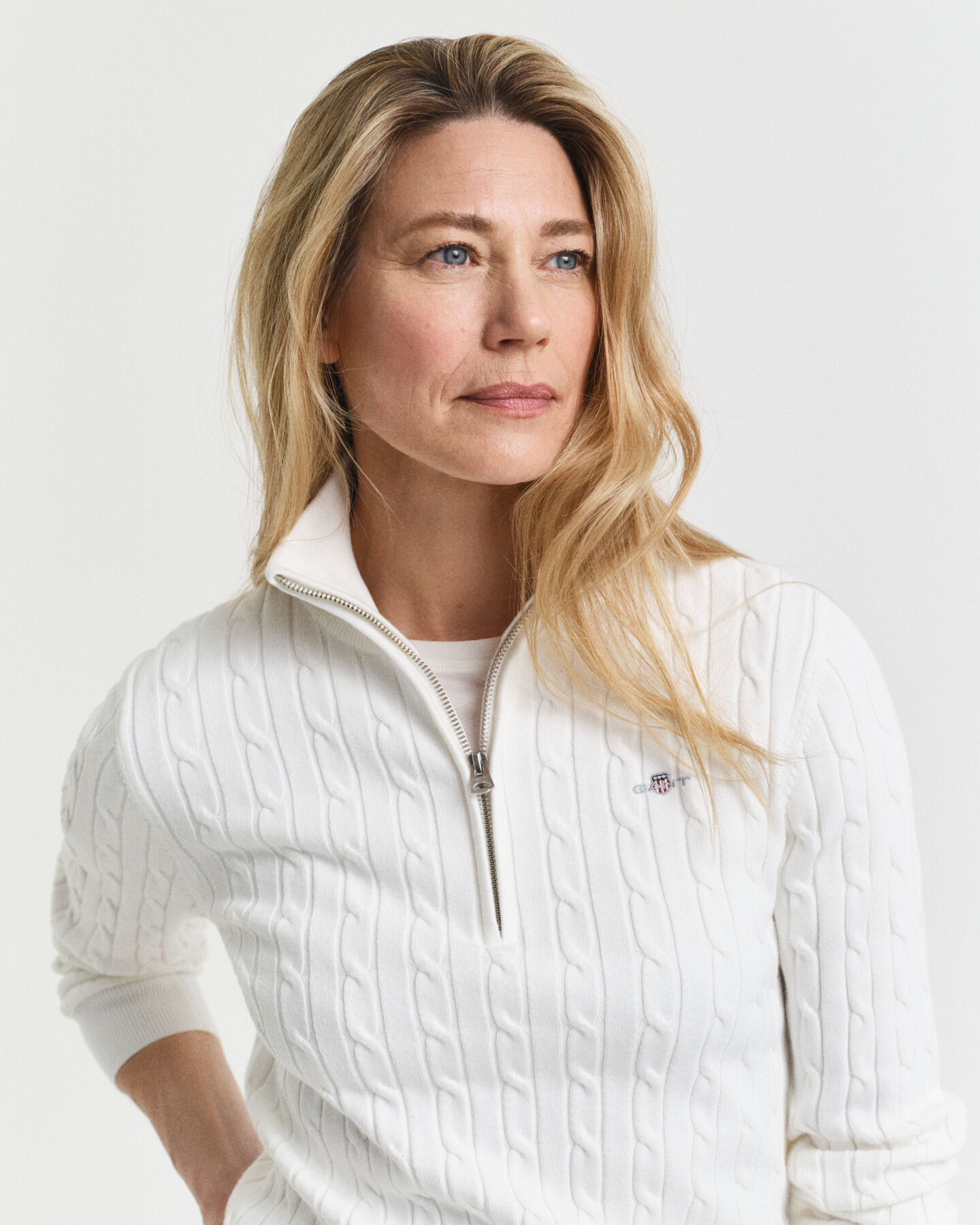 Stretch Cotton Cable Knit Half-Zip Sweater