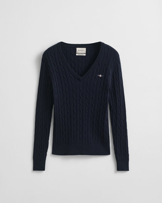 Stretch Cotton Cable Knit V-Neck Sweater