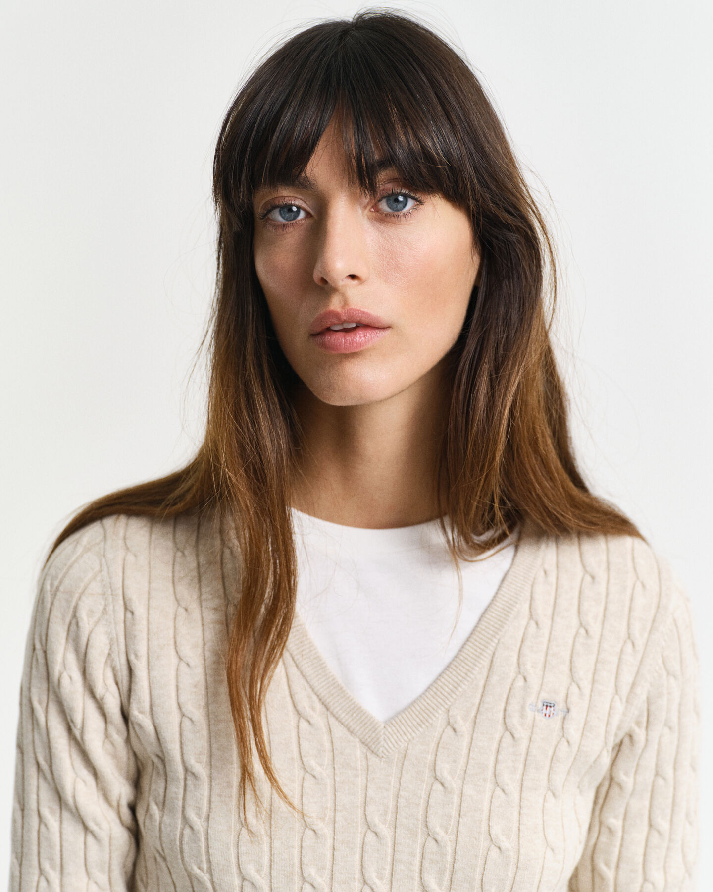 Stretch Cotton Cable Knit V-Neck Sweater