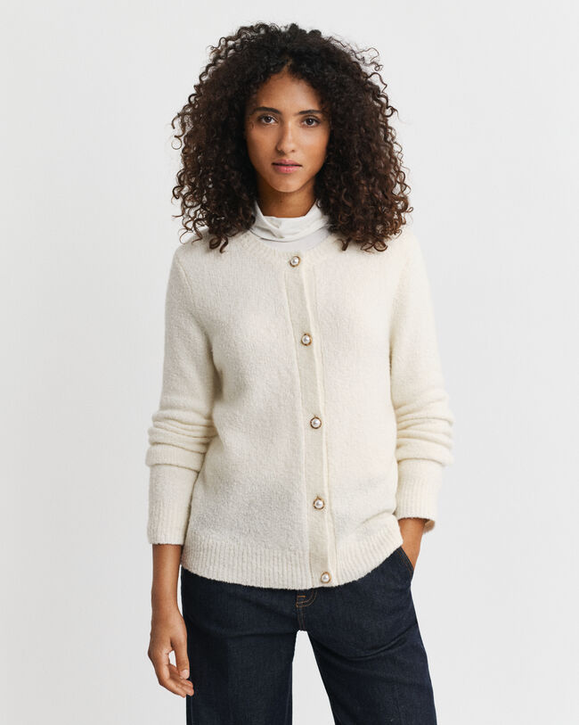 Boucl&eacute; Crew Neck Cardigan