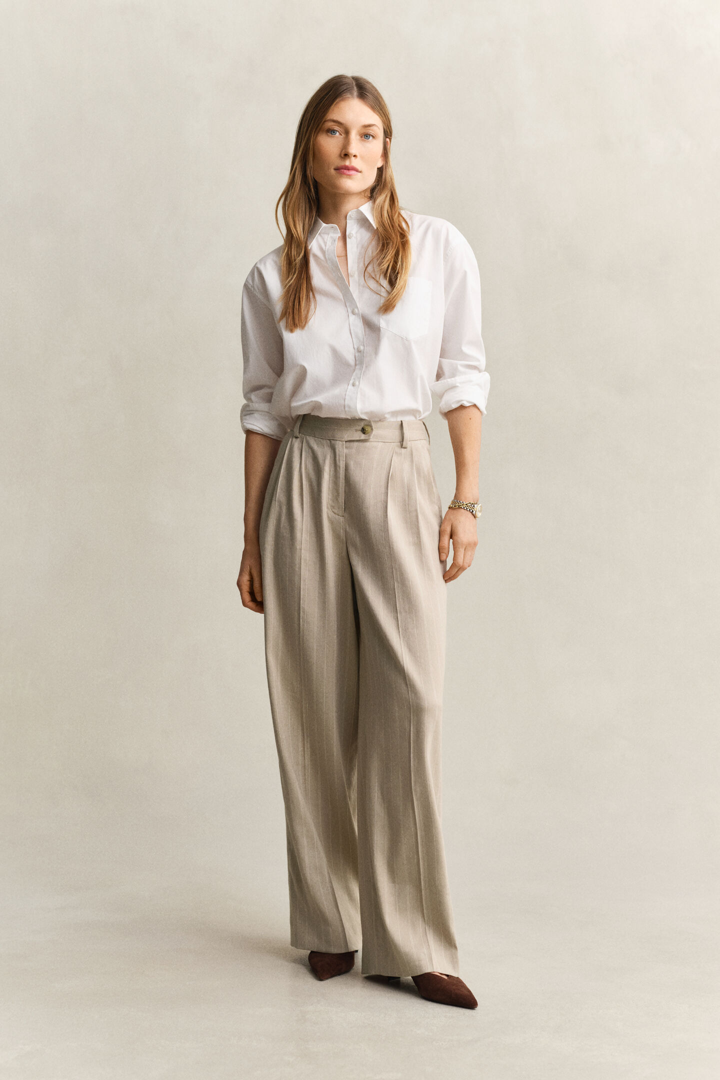 Pinstriped Linen Blend Pants
