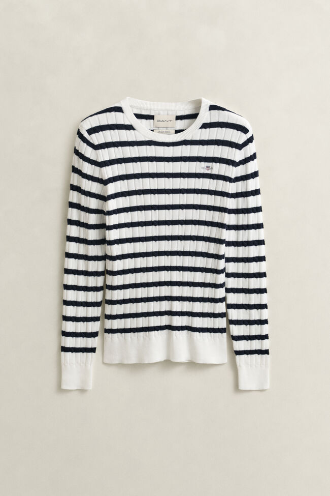 Striped Cable Knit Crew Neck Sweater