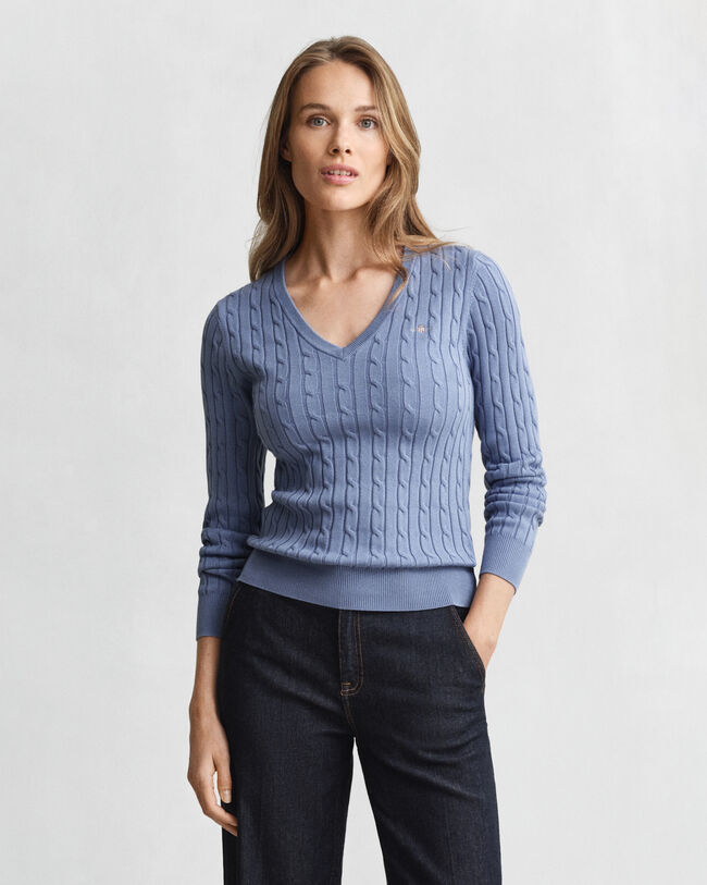 Stretch Cotton Cable Knit V-Neck Sweater