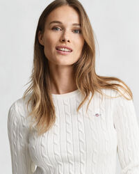 Stretch Cotton Cable Knit Crew Neck Sweater