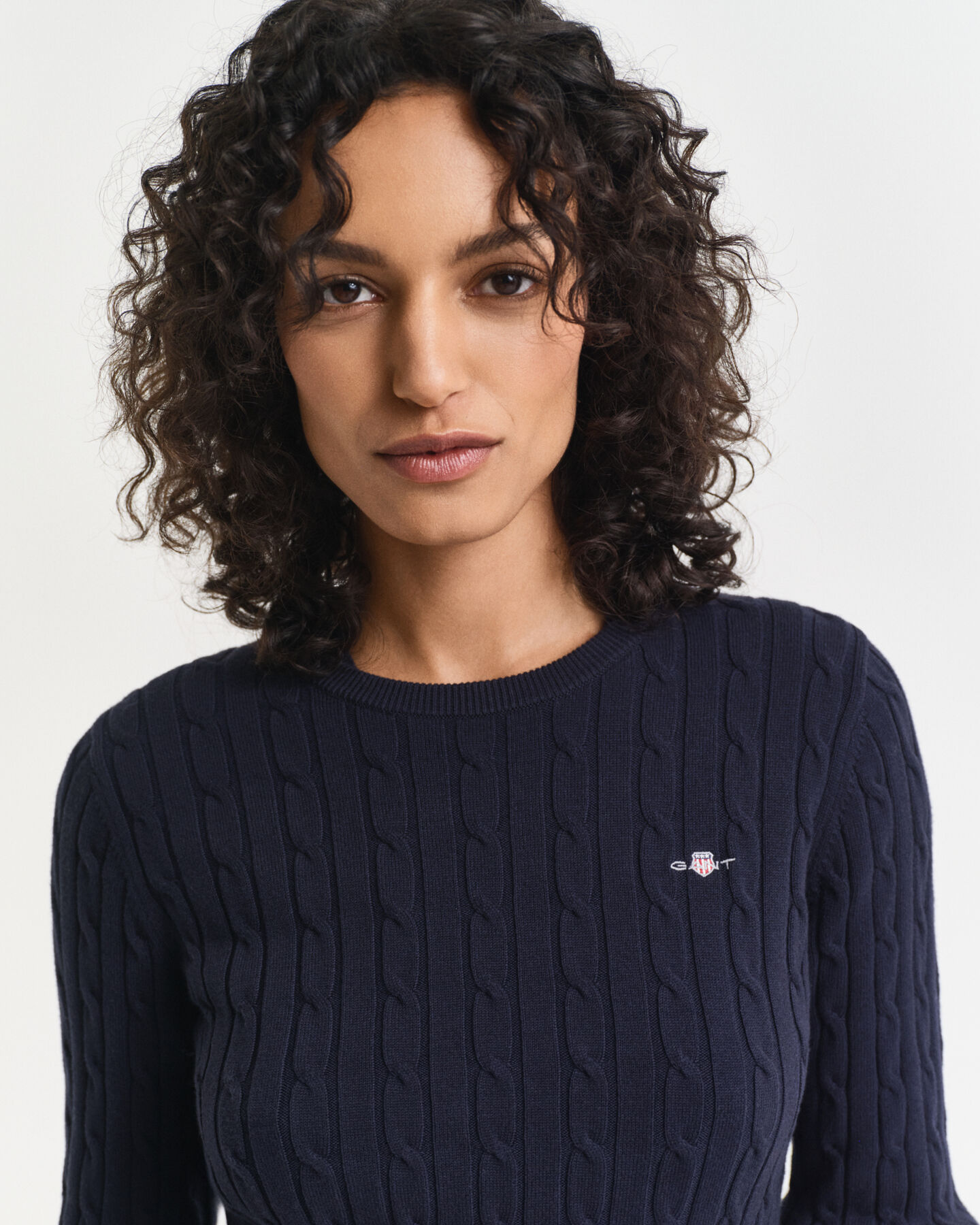 Stretch Cotton Cable Knit Crew Neck Sweater