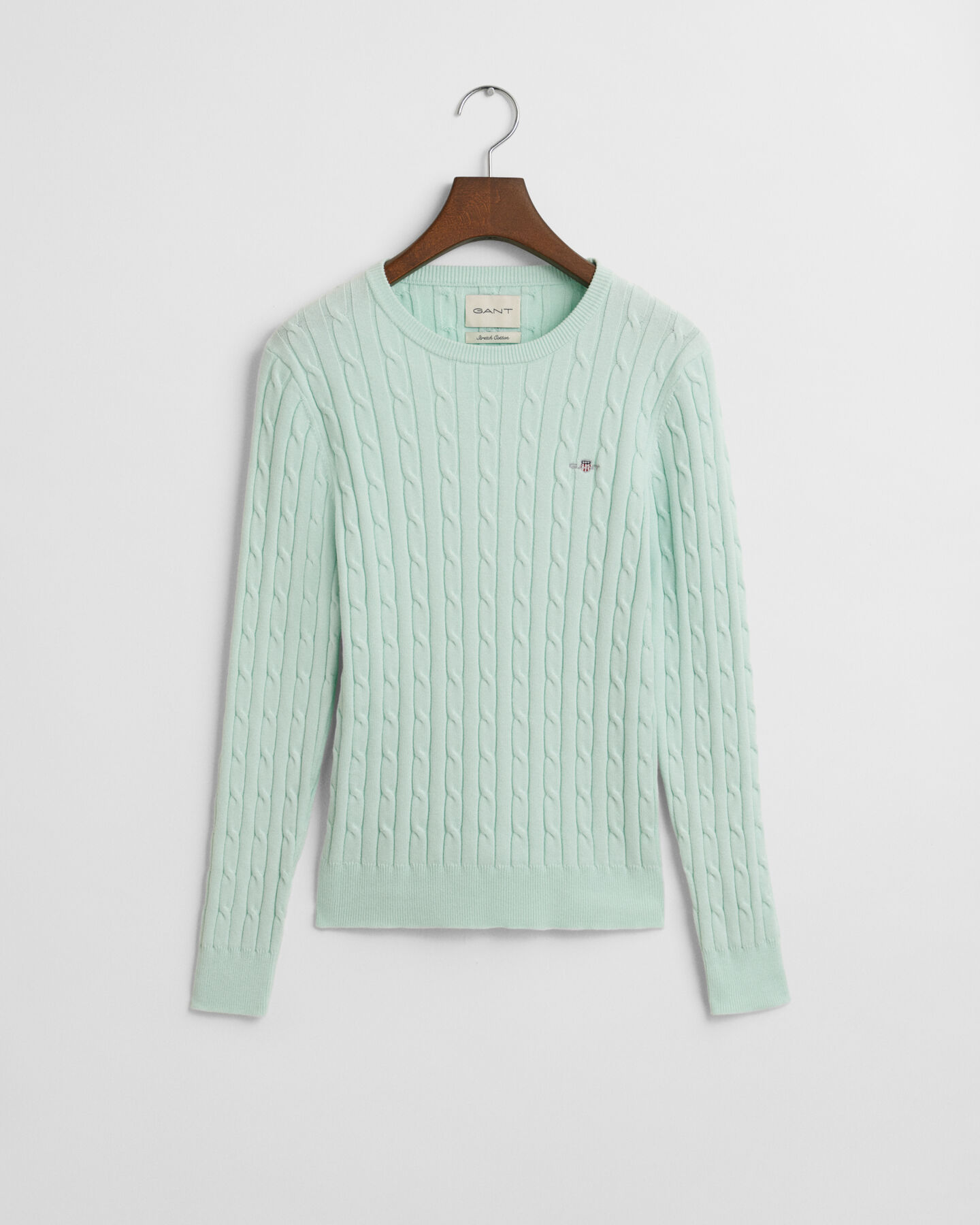 Stretch Cotton Cable Knit Crew Neck Sweater