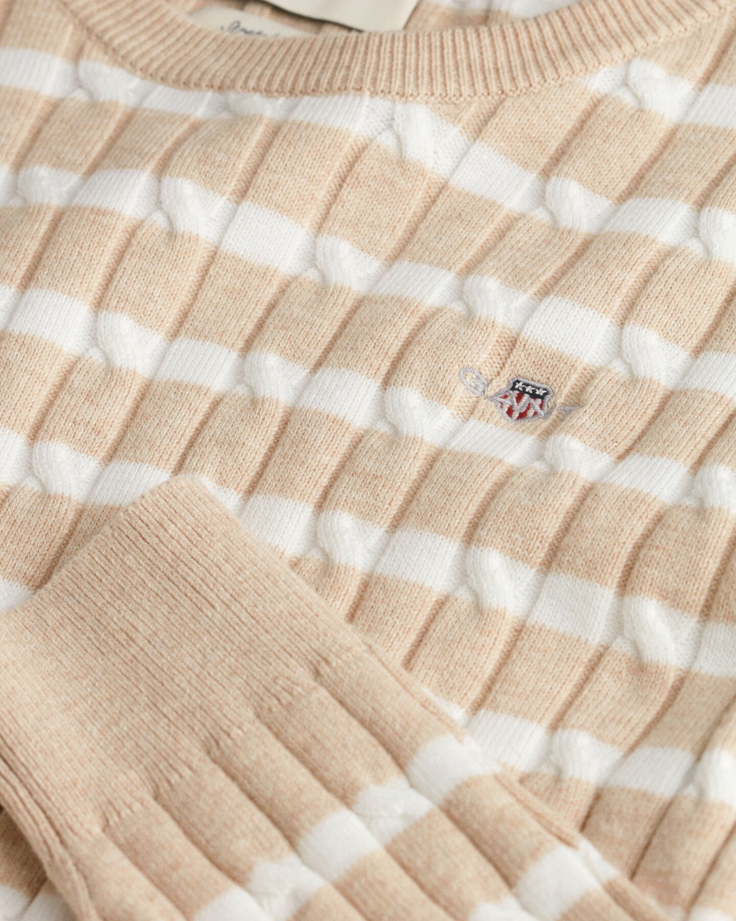 Striped Stretch Cotton Cable Knit Crew Neck Sweater