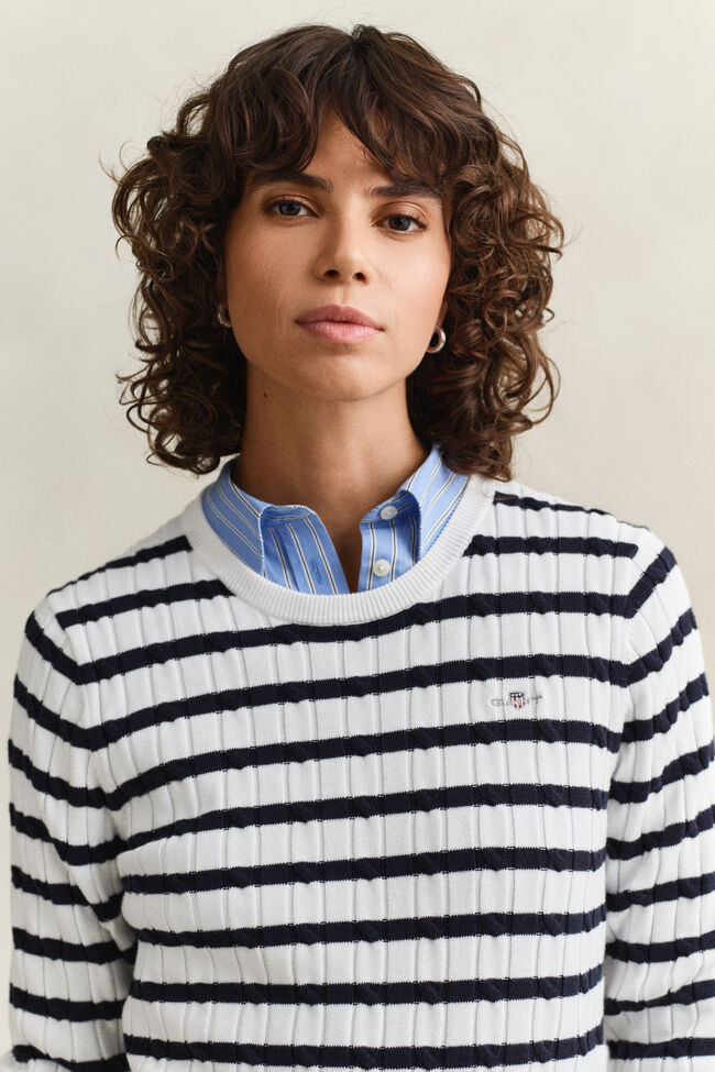Striped Cable Knit Crew Neck Sweater