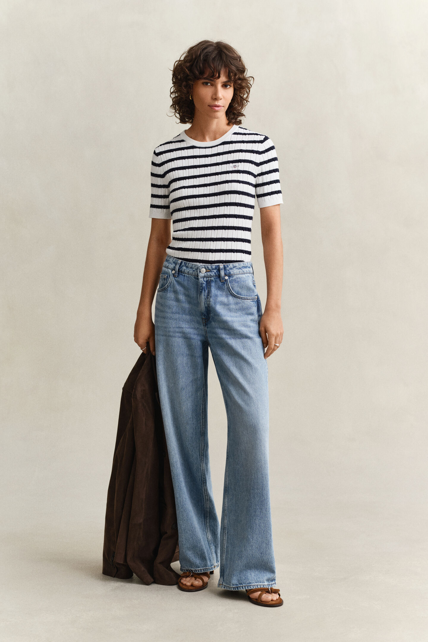 Striped Cable Knit Short Sleeve Sweater