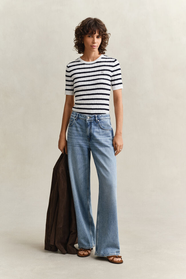 Striped Cable Knit Short Sleeve Sweater