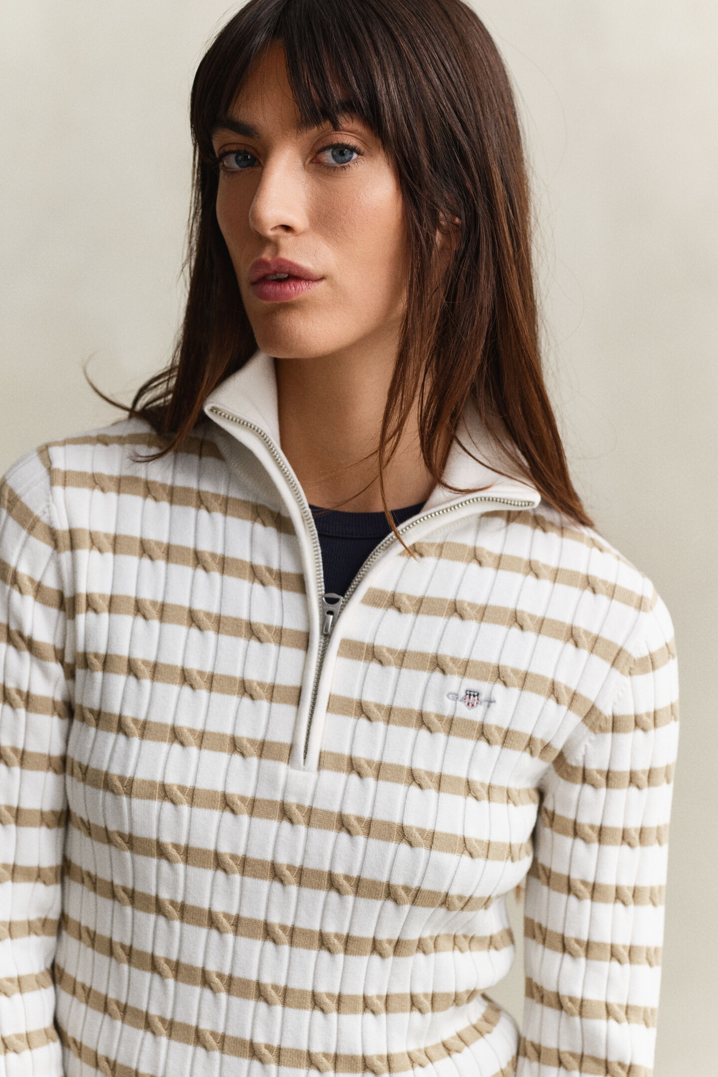 Striped Cable Knit Half-Zip Sweater
