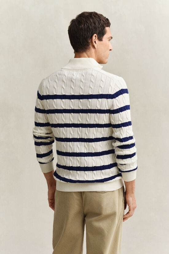 Striped Cotton Cable Knit Half-Zip Sweater