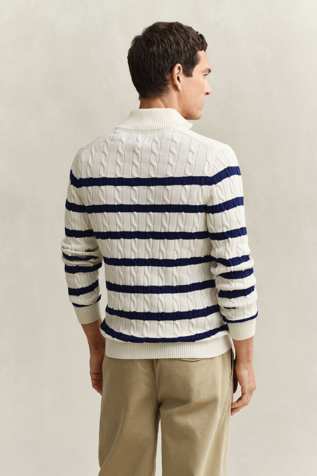 Striped Cotton Cable Knit Half-Zip Sweater