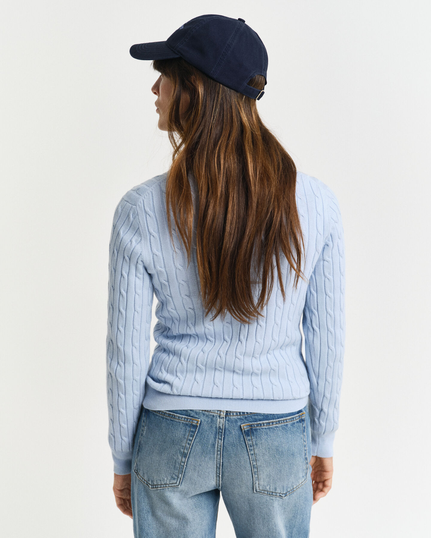 Stretch Cotton Cable Knit Crew Neck Sweater