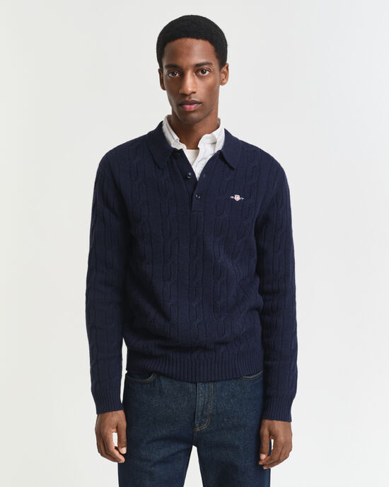 Lambswool Cable Knit Polo Sweater