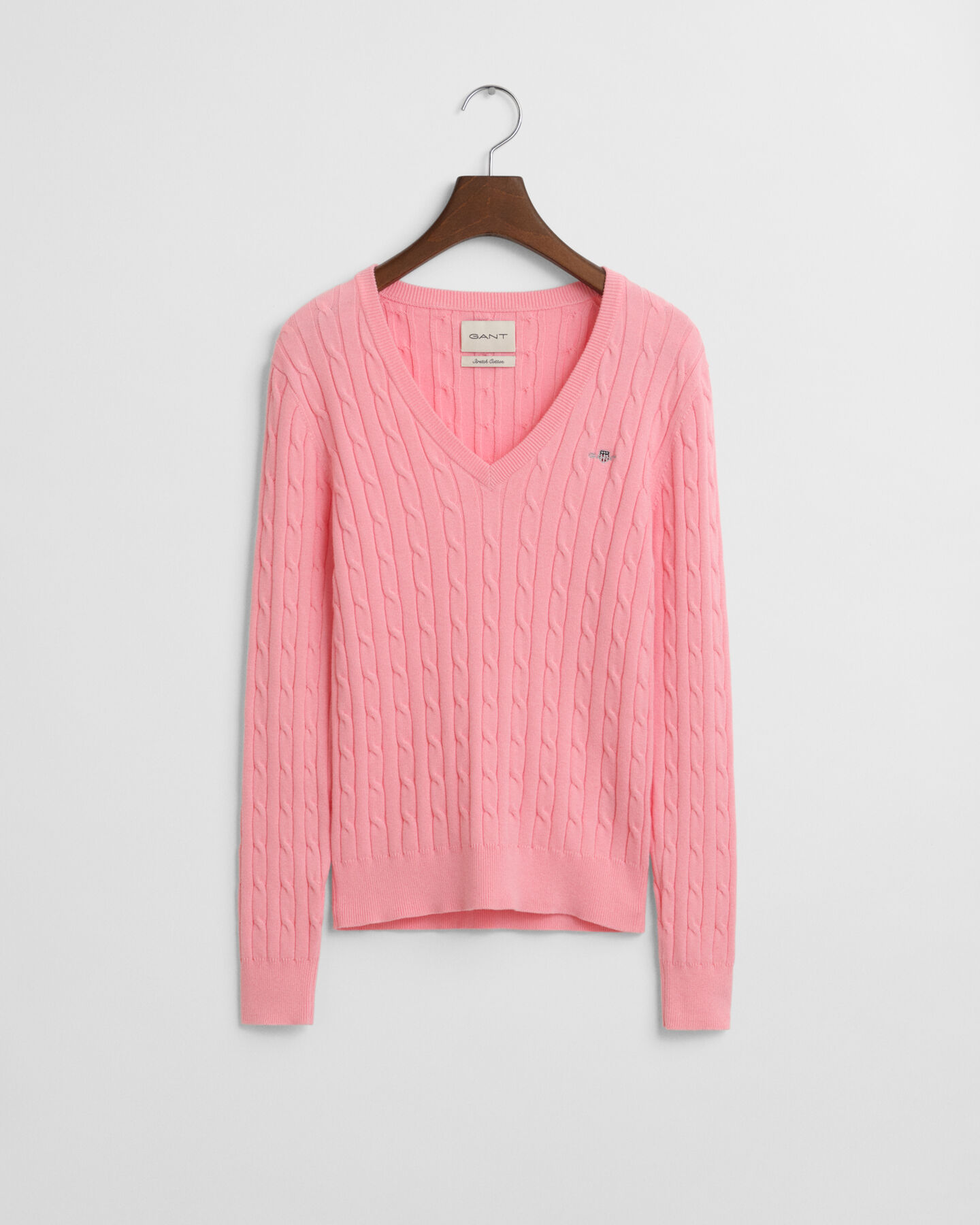 Stretch Cotton Cable Knit V-Neck Sweater