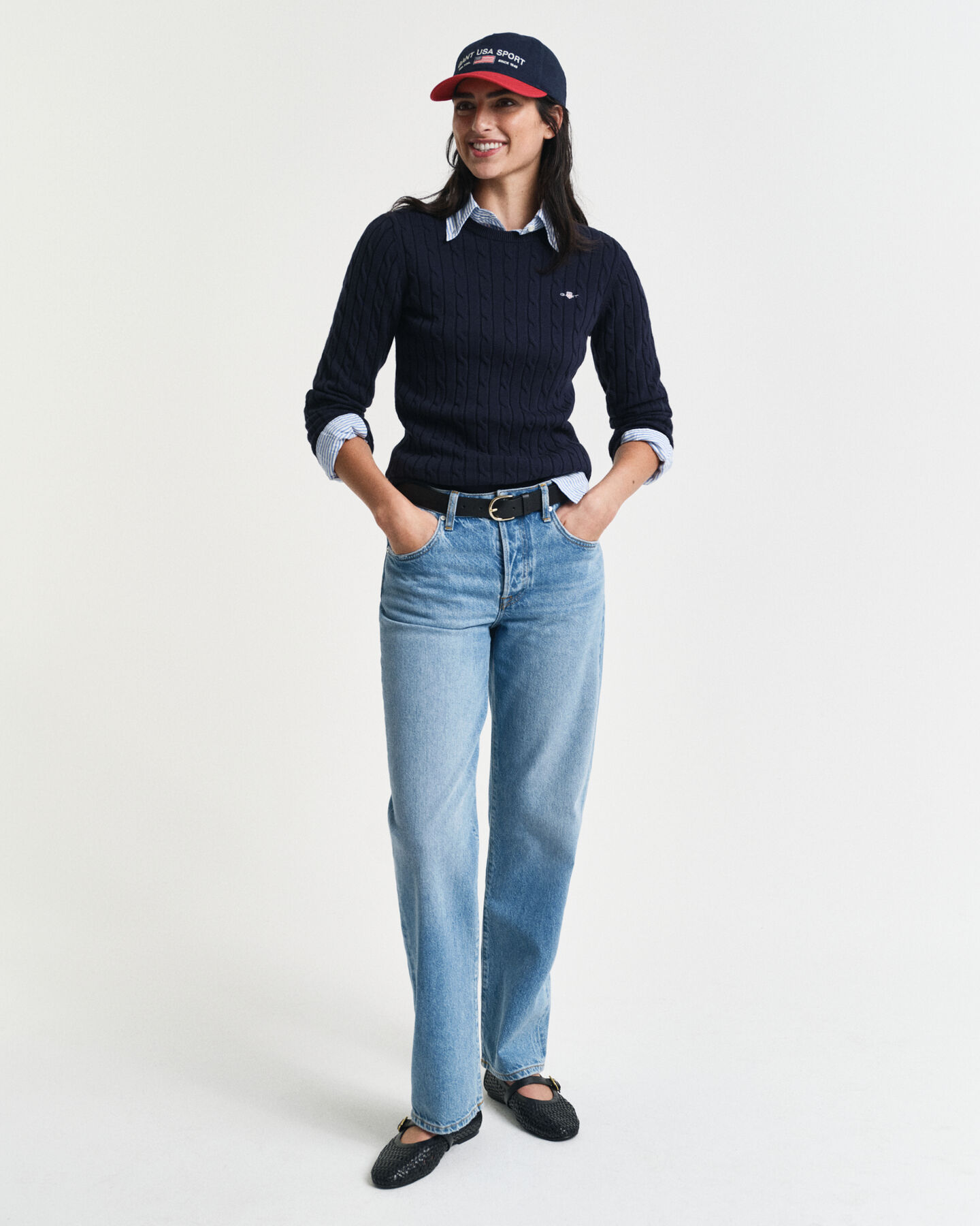 Stretch Cotton Cable Knit Crew Neck Sweater