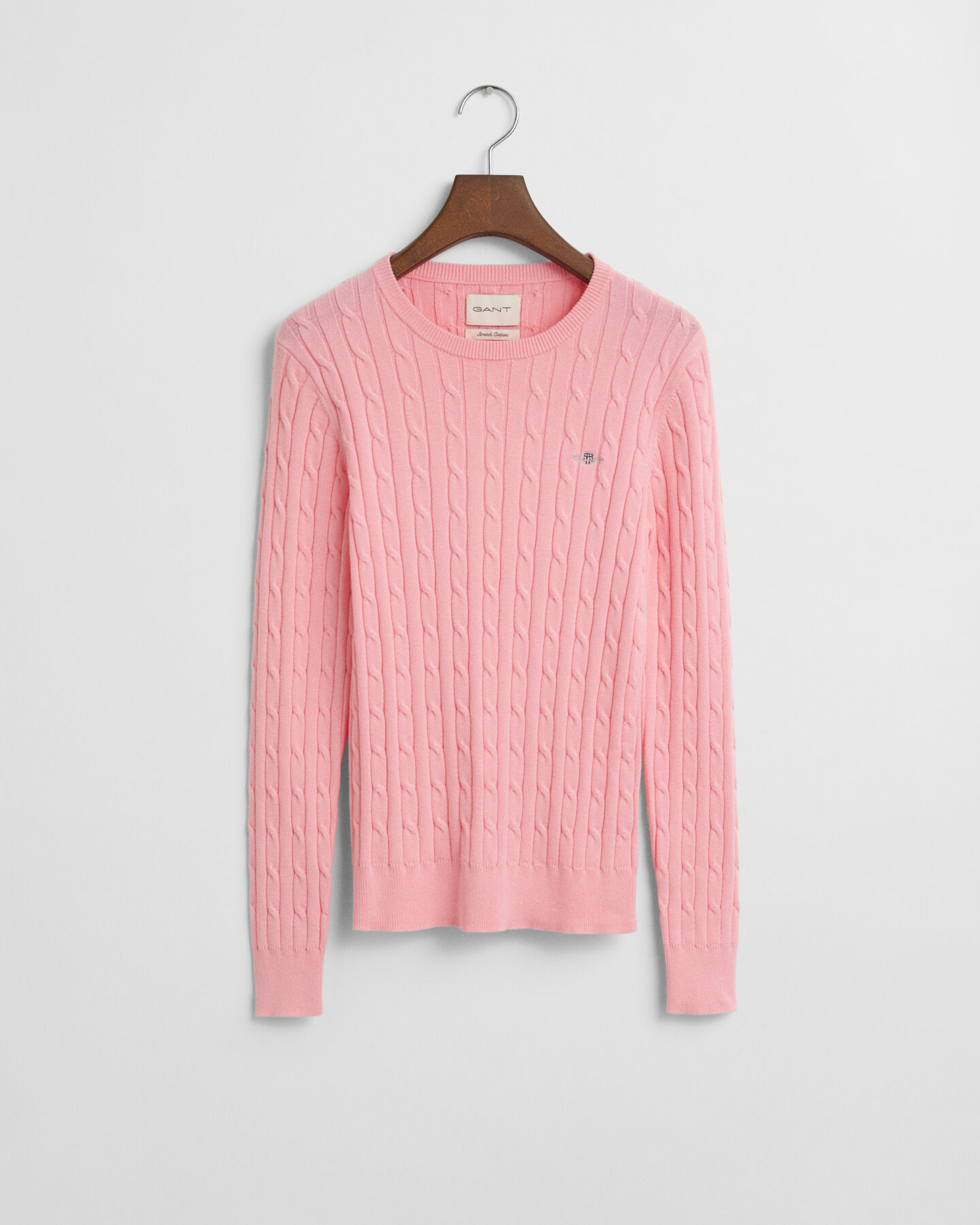 Stretch Cotton Cable Knit Crew Neck Sweater