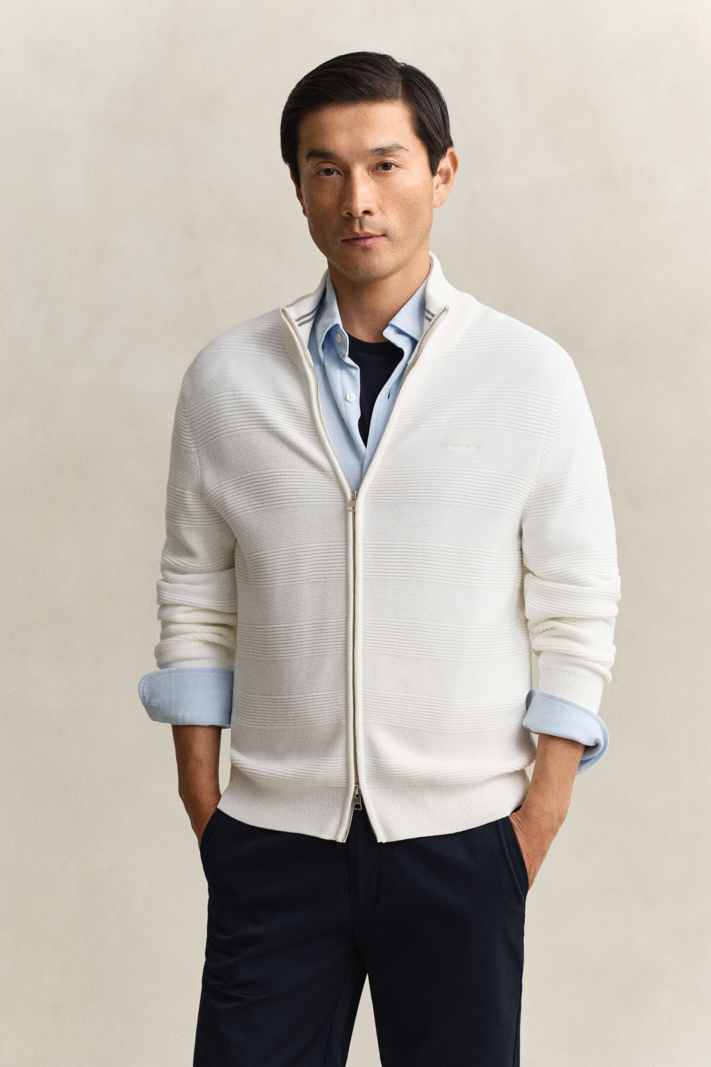 Textured Cotton Zip Cardigan
