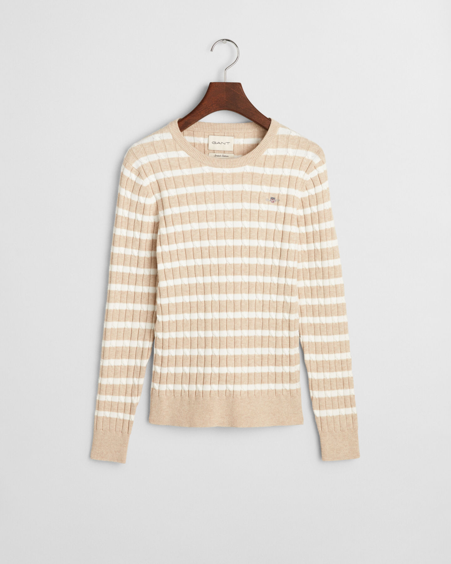 Striped Stretch Cotton Cable Knit Crew Neck Sweater