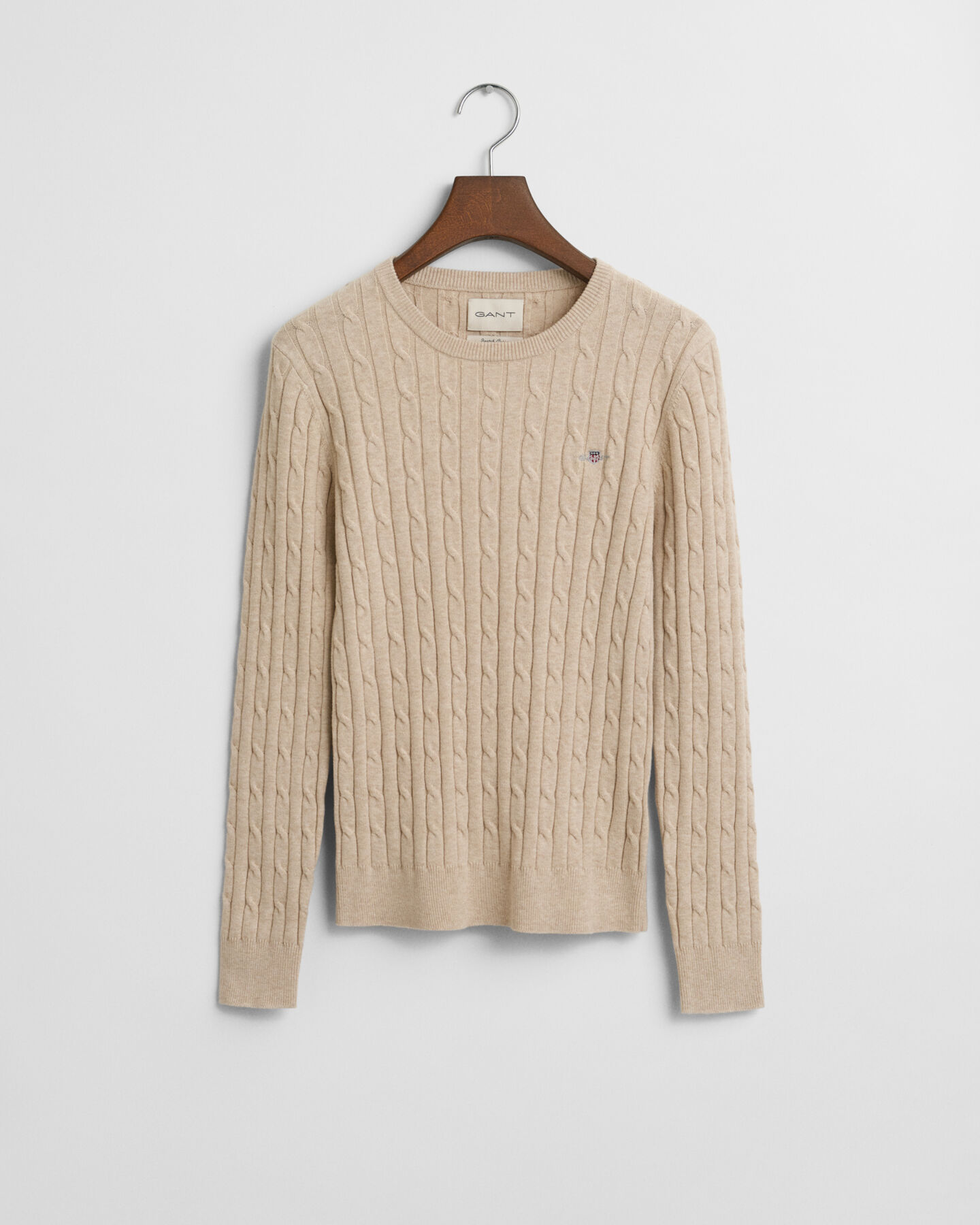 Stretch Cotton Cable Knit Crew Neck Sweater