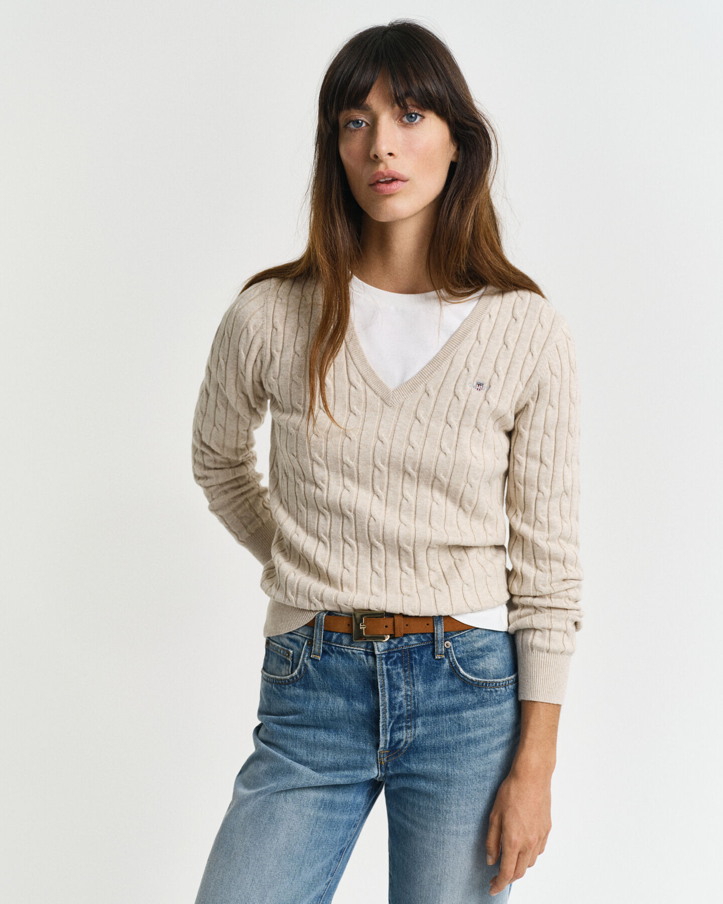 Stretch Cotton Cable Knit V-Neck Sweater