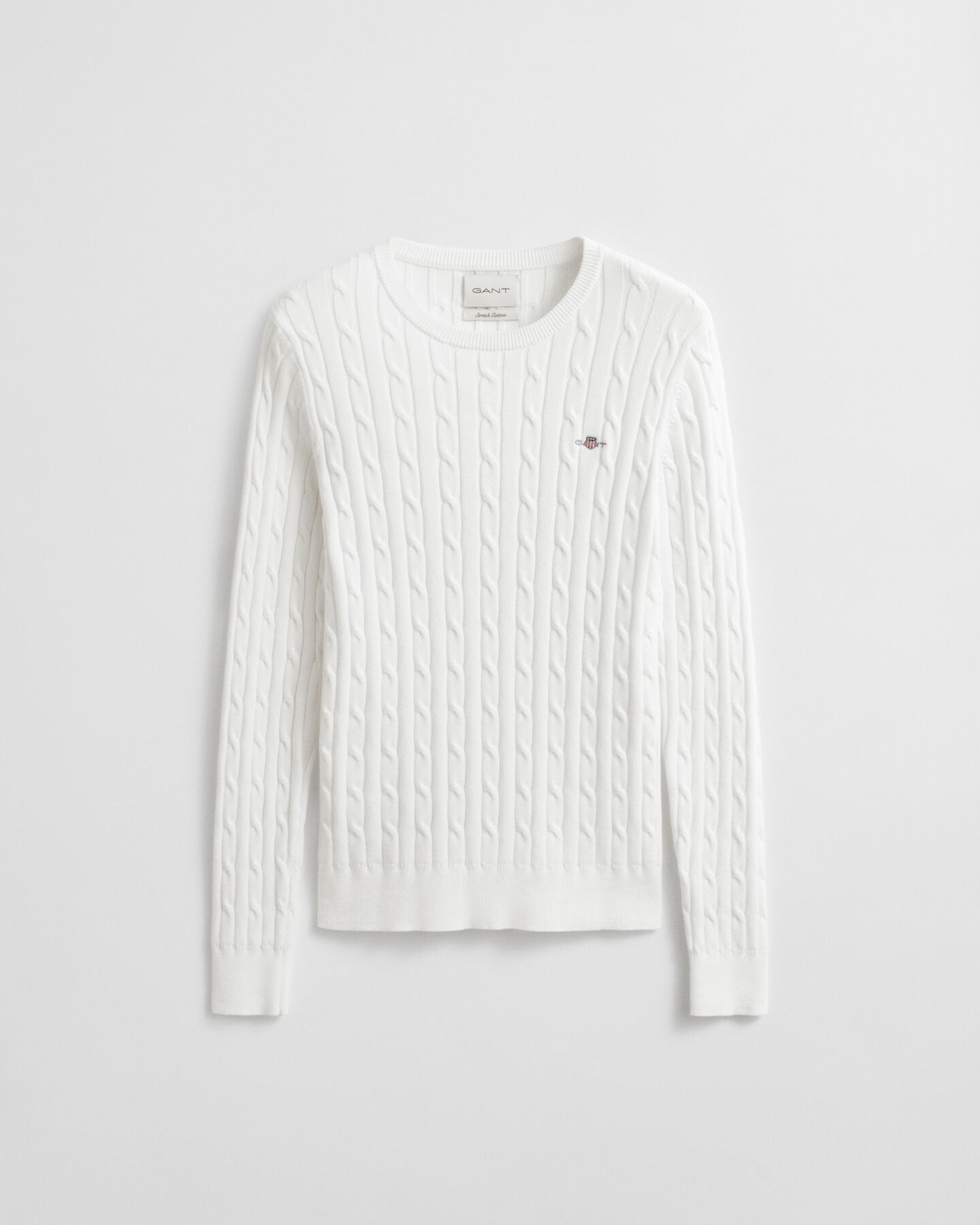Stretch Cotton Cable Knit Crew Neck Sweater