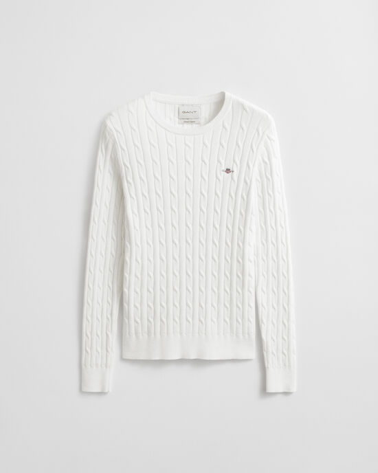 Stretch Cotton Cable Knit Crew Neck Sweater