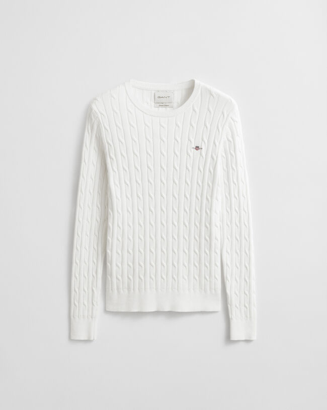 Stretch Cotton Cable Knit Crew Neck Sweater